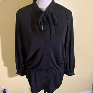 Ann Taylor Black Blouse with Cuffed Sleeves and Tie Front